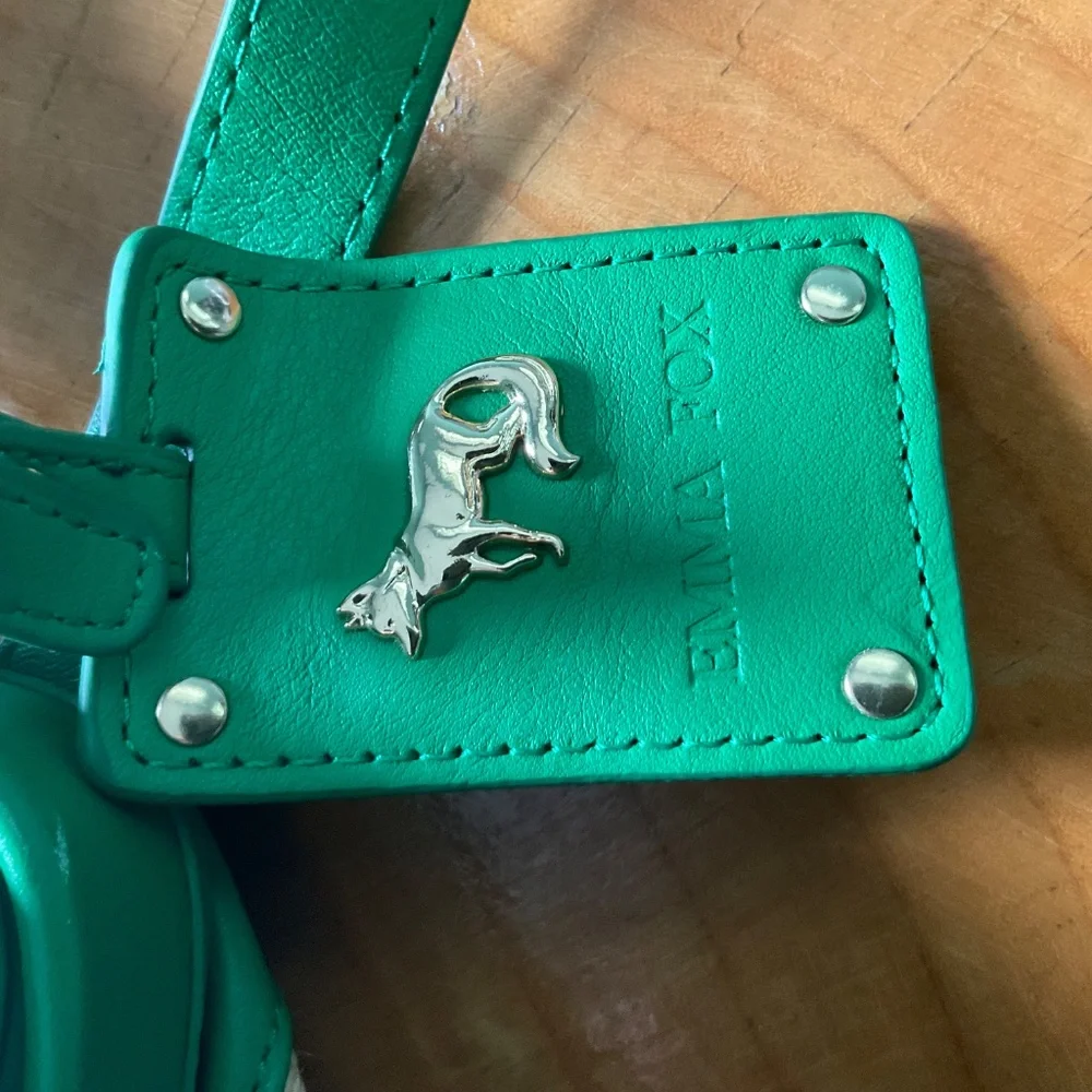 Emma Fox Newport Green Leather & Natural Woven Linen Blend Crossbody Satchel Bag